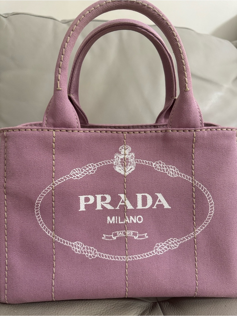 Prada canapa small tote canvas handbag top handles 2 way .Very clean like new.